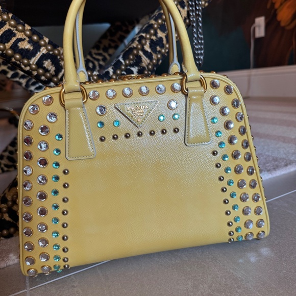 Prada Large Pyramid Top Handle Studded Vernice Saffiano Leather Handbag - Picture 10 of 15